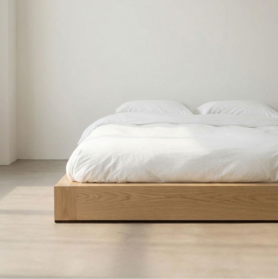 Minimalist wooden bed with white bedding against a plain wall.
